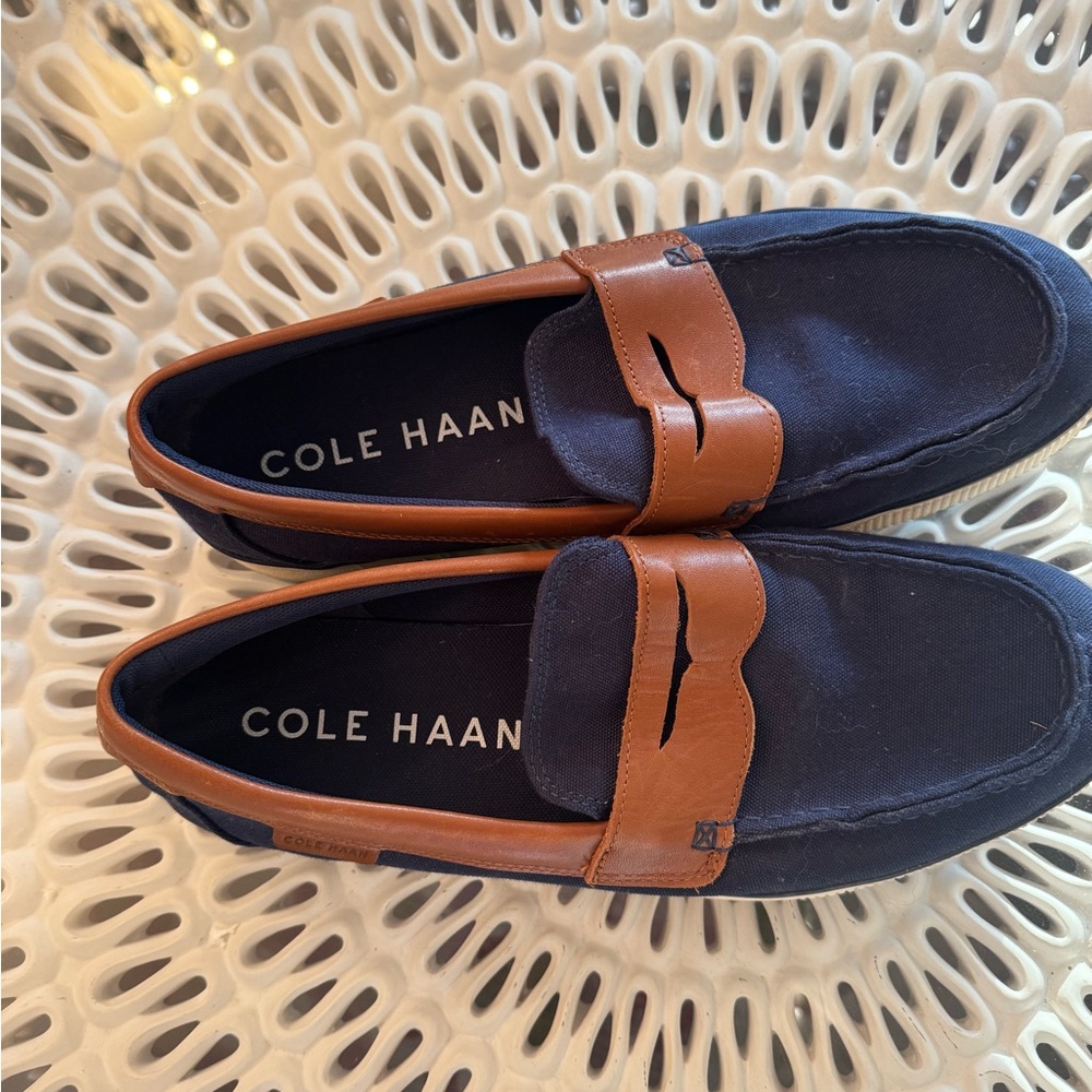 Cole Haan Navy and Brown Leather-Trim Penny Loafers